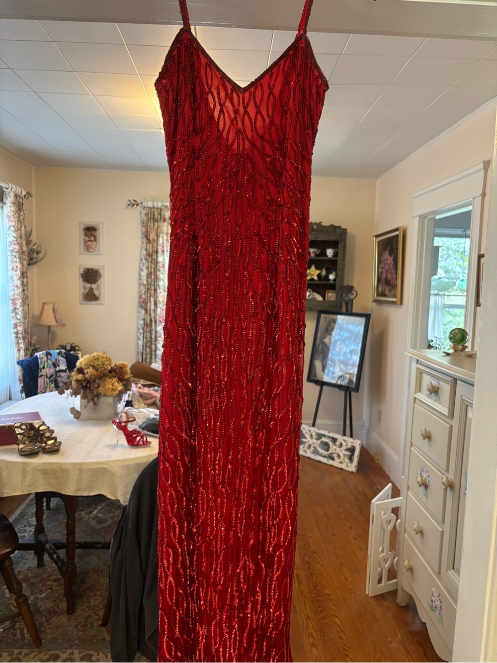 Elegant Red Beaded Slip Dress with one pair of shoes size 7 brand new shoes